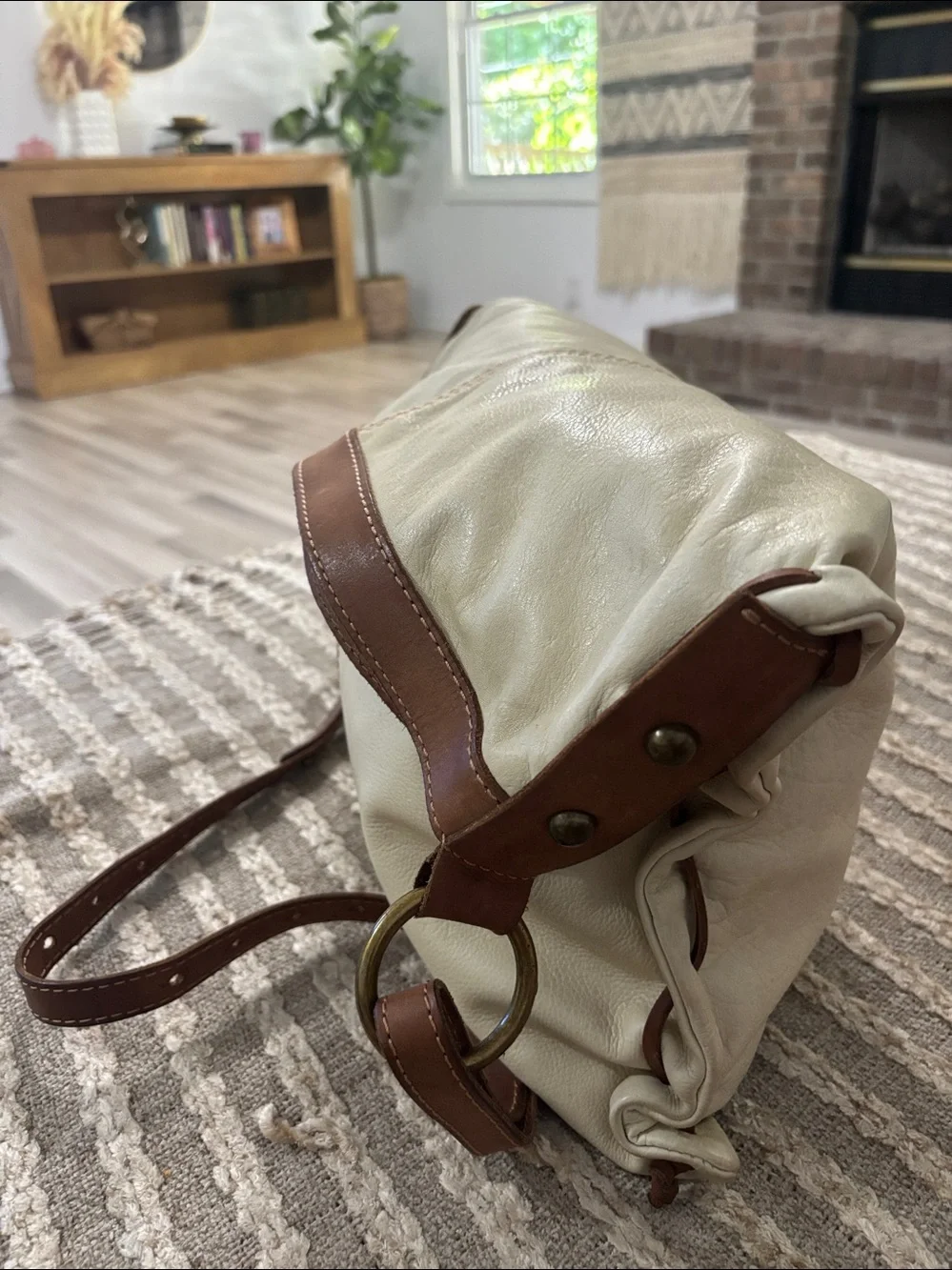 Lucky Brand Leather Crossbody Large Fold over Bag in Cream with Brown Trim -